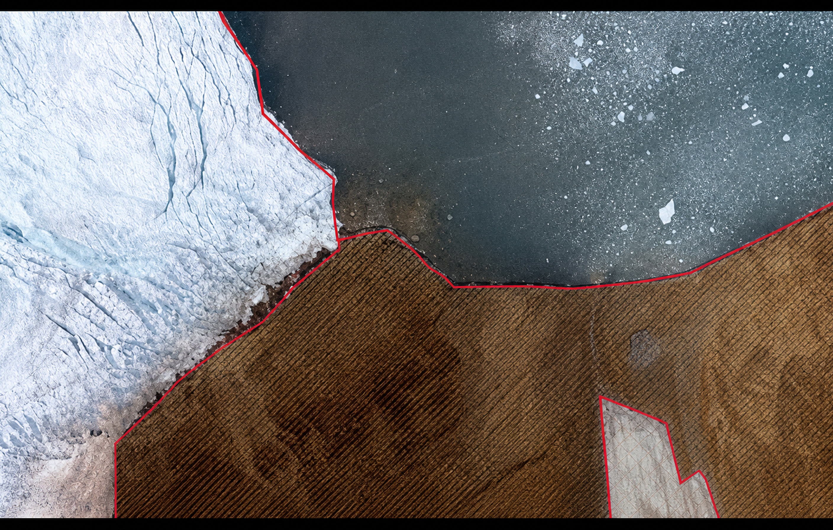 Orthophoto detail of the Znosko glacier front NE zone, February 2020 campaign: the marked front line has visibly moved
